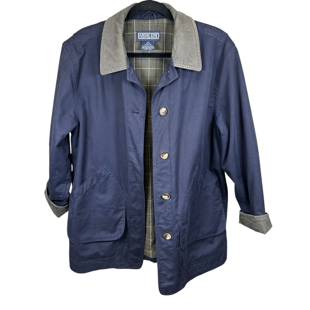 Lands’ End Navy Barn Coat Chore Utility Jacket Corduroy Collar Plaid Lined‎ M